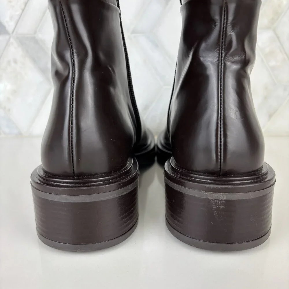 39/9 Dark Brown Walnut Round Toe Block Heel Wide Sole Knee High Pull On Zip Boot - Picture 14 of 16